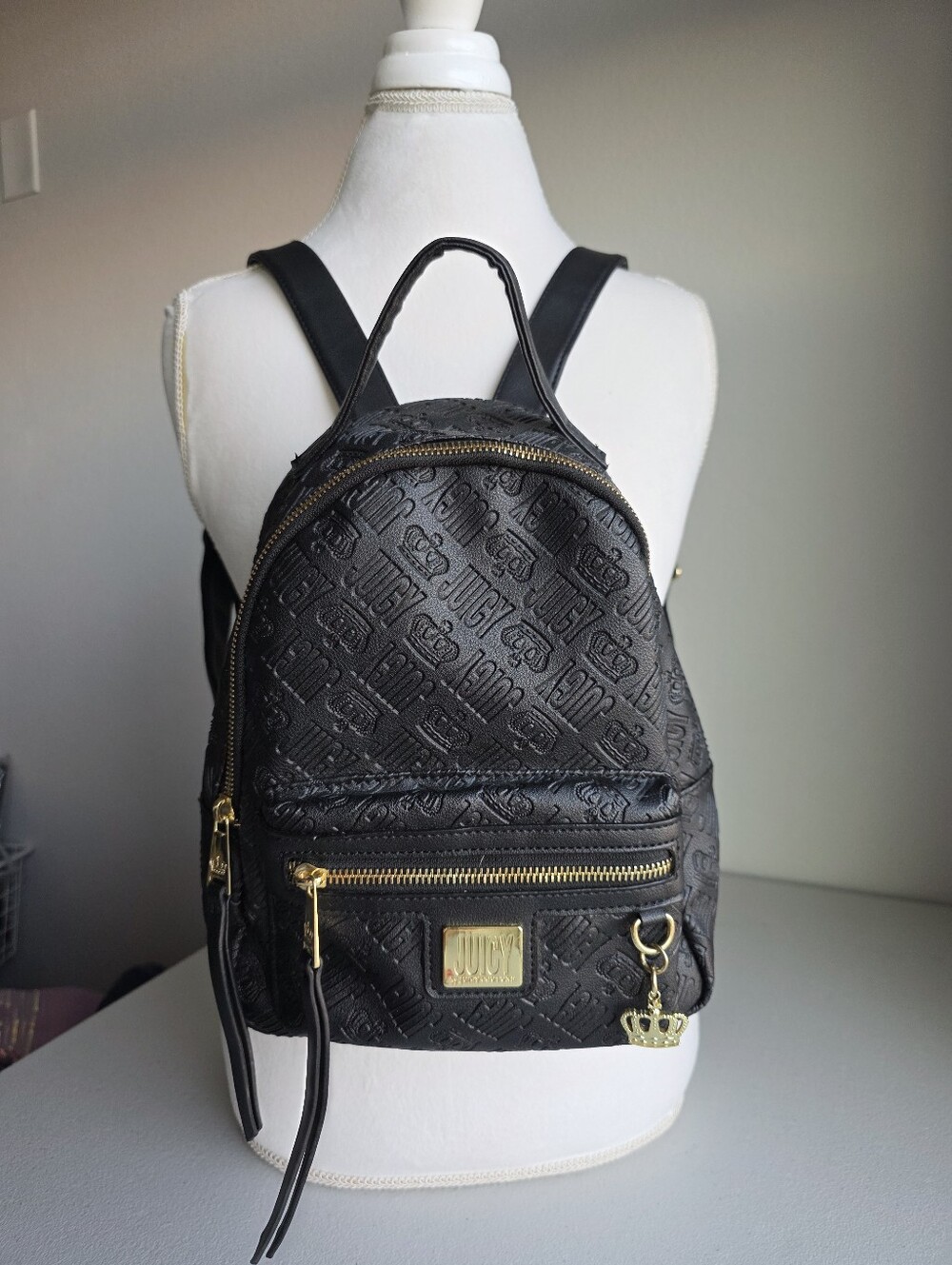 Juicy Couture Black Debossed Monogram Mini Backpack Gold Y2K Baddie Crown